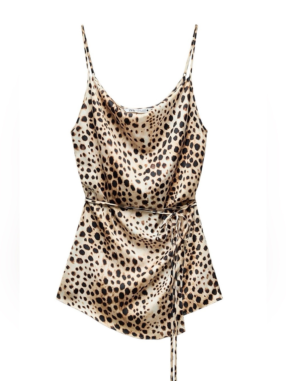 Zara Beige and Black Leopard Print Satin Cowl Neck Tank